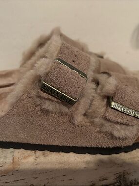 Birkenstock Taupe Suede Shearling Lined Sandal